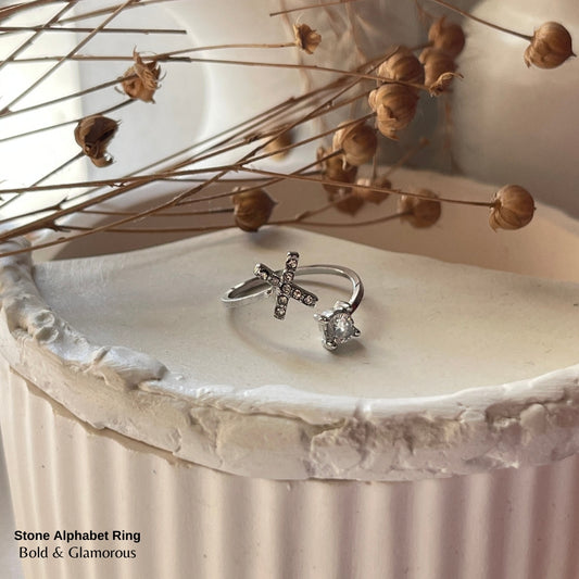 Stone Alphabet Ring | X | Silver