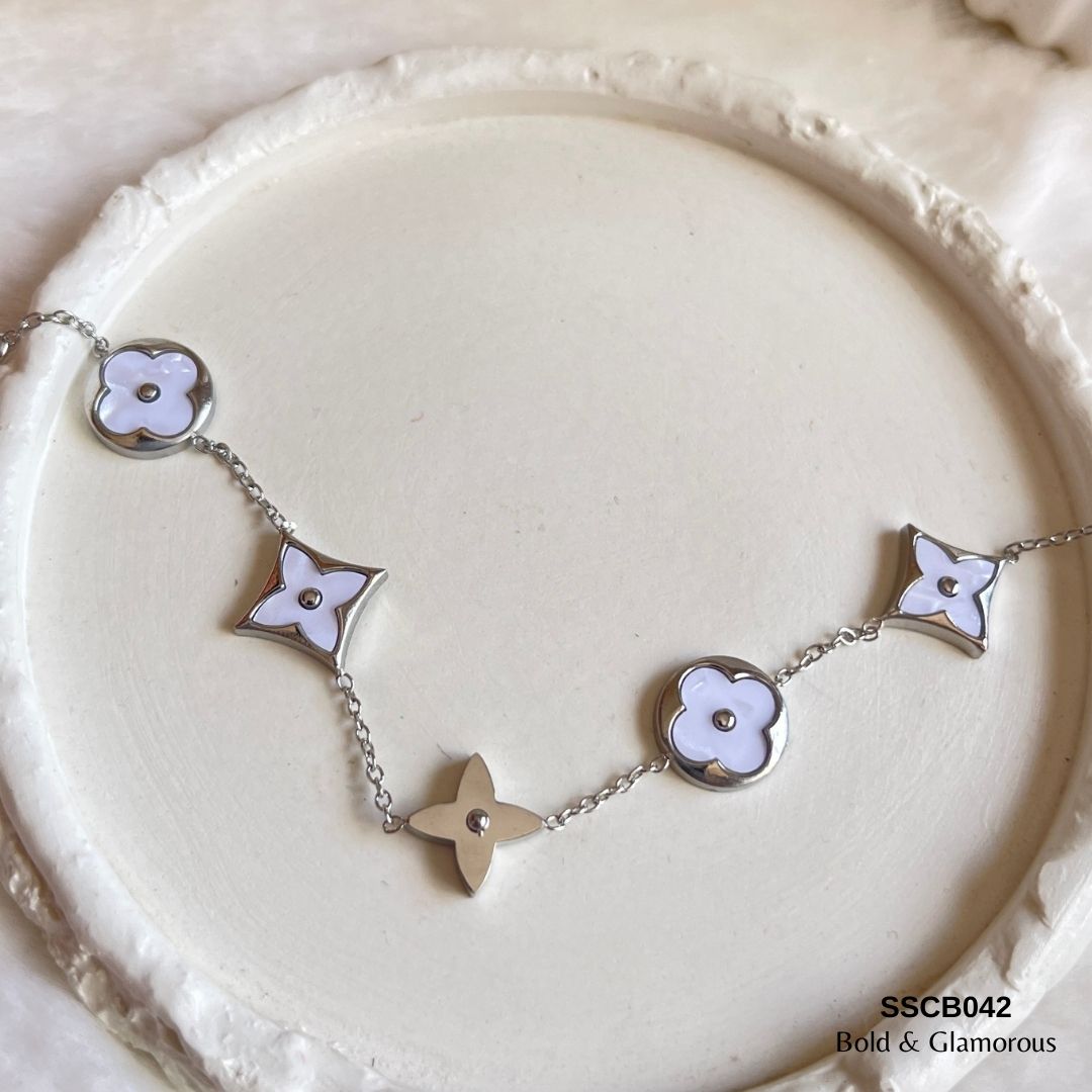 Chain Bracelet | SSCB042 | White Flower | Silver