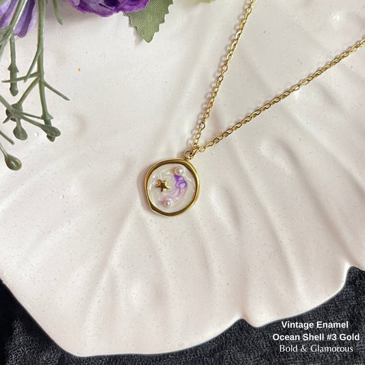 Necklace | SN331 | Vintage Enamel Ocean Shell #3 Gold