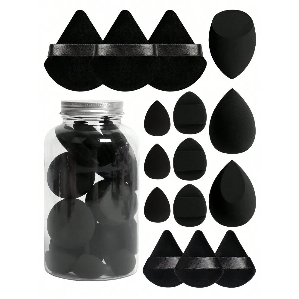 15PC Beauty Blender and Puff Set with Jar | Black