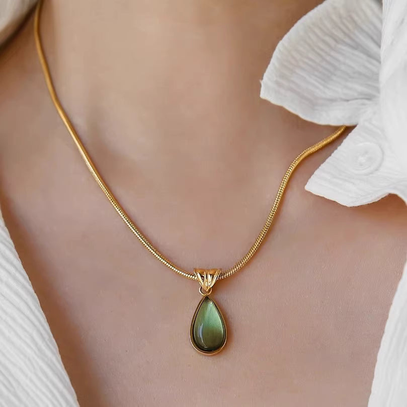 Necklace | SN158 | Green Water Drop Gold