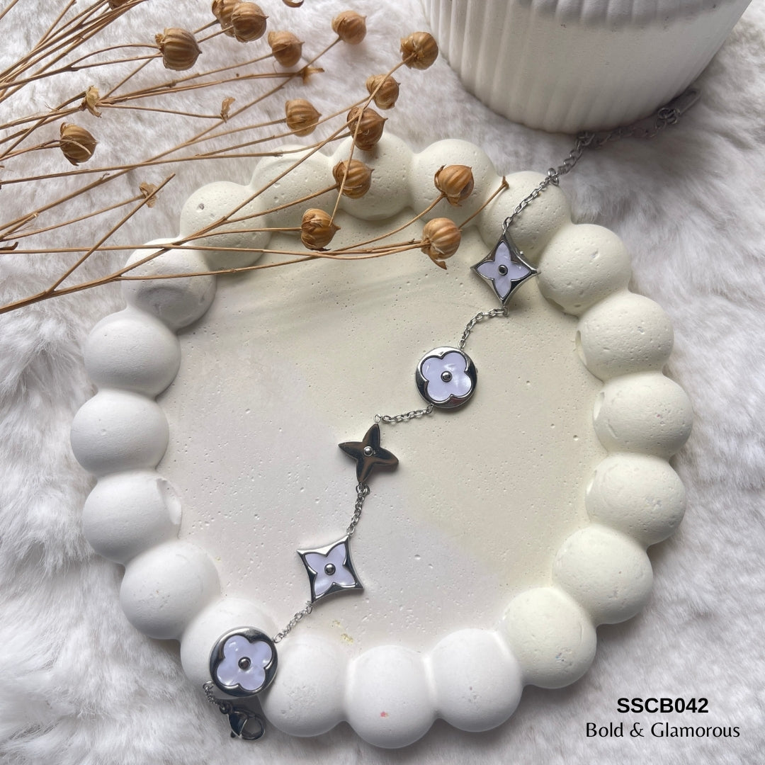 Chain Bracelet | SSCB042 | White Flower | Silver