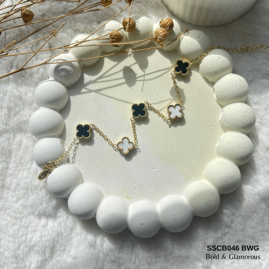 Chain Bracelet | SSCB046 | Clover - Black White Gold