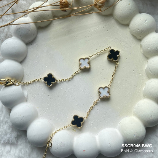 Chain Bracelet | SSCB046 | Clover - Black White Gold