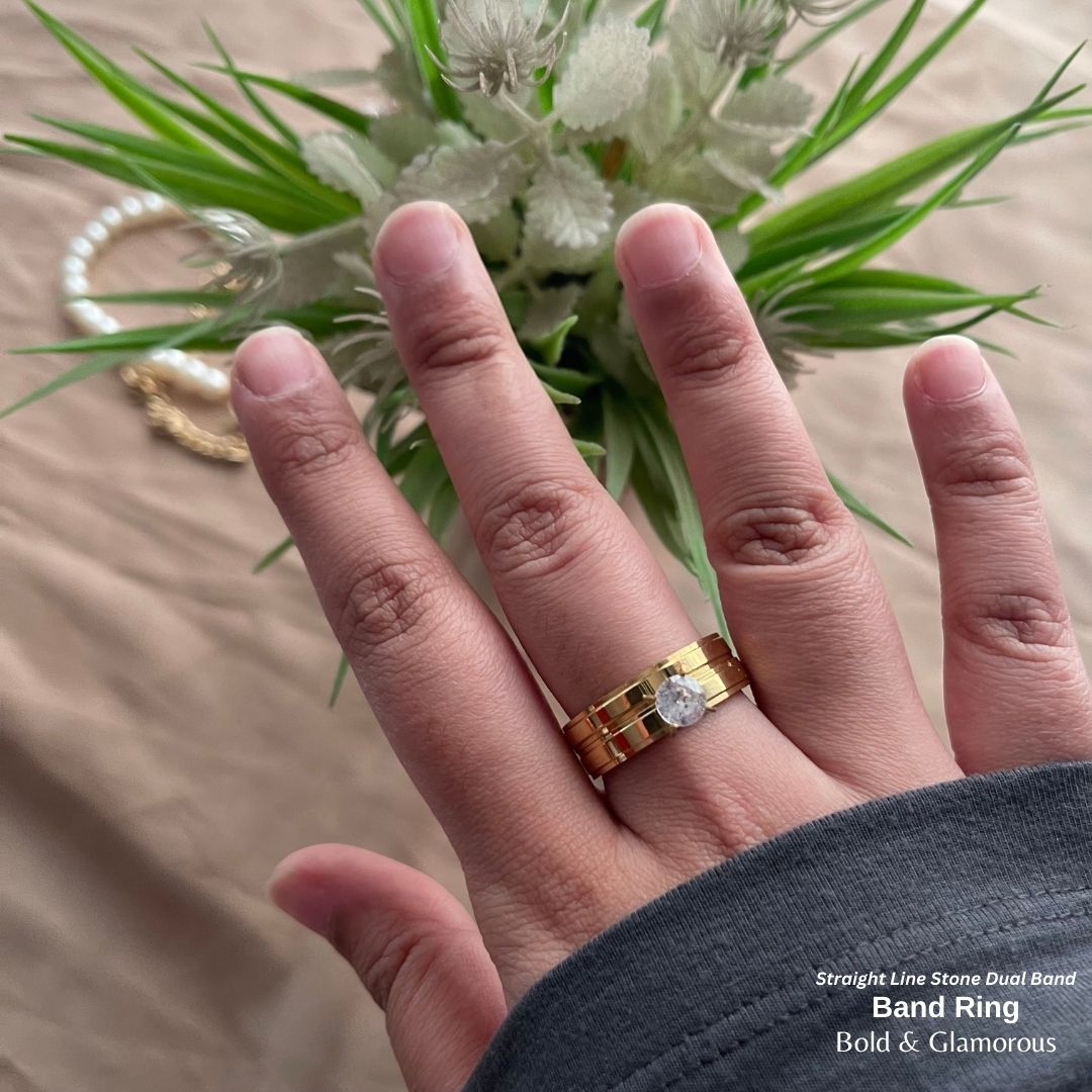SS Finger Ring | SS01 | Stone-Straight Line Band Duo