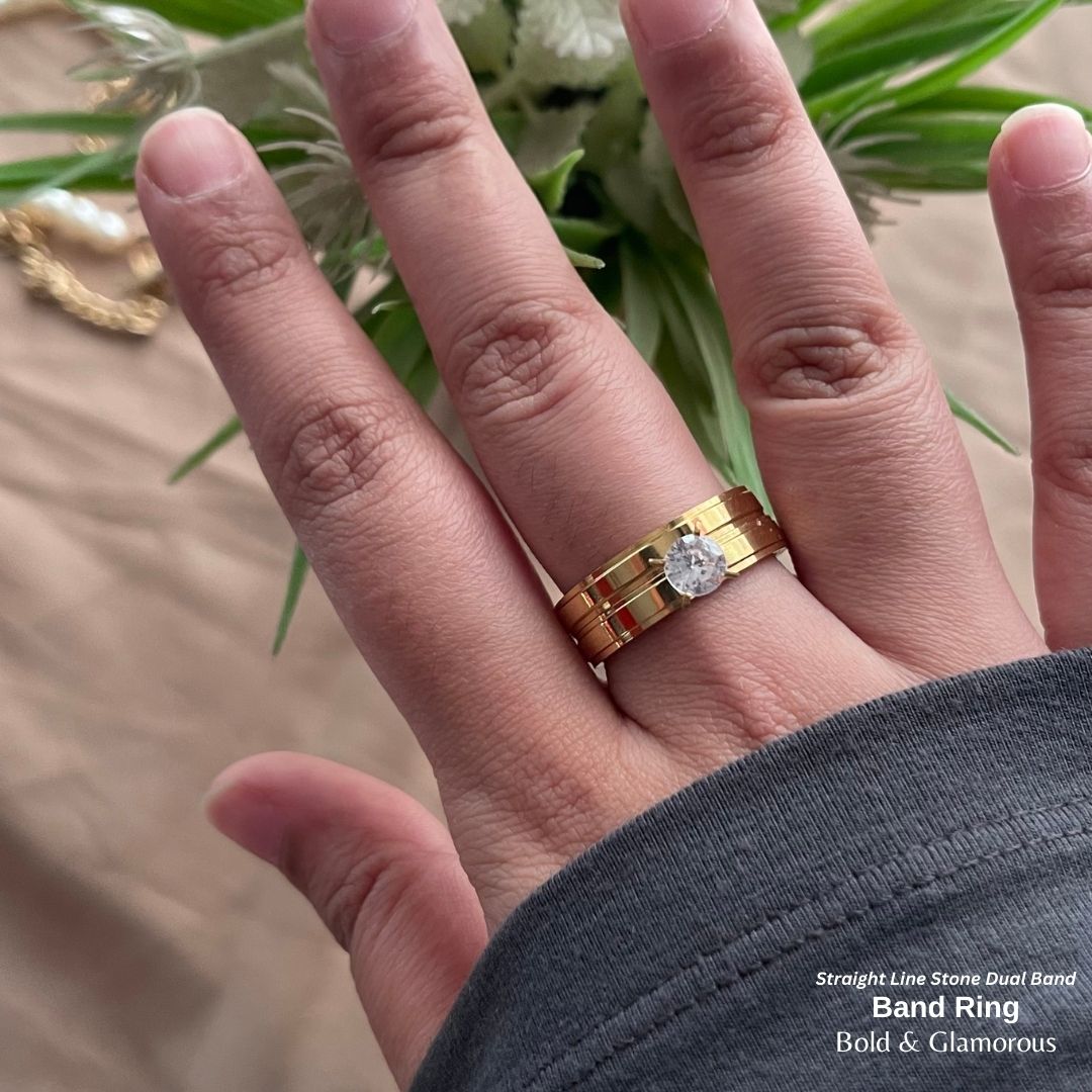 SS Finger Ring | SS01 | Stone-Straight Line Band Duo