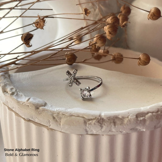 Stone Alphabet Ring | X | Silver