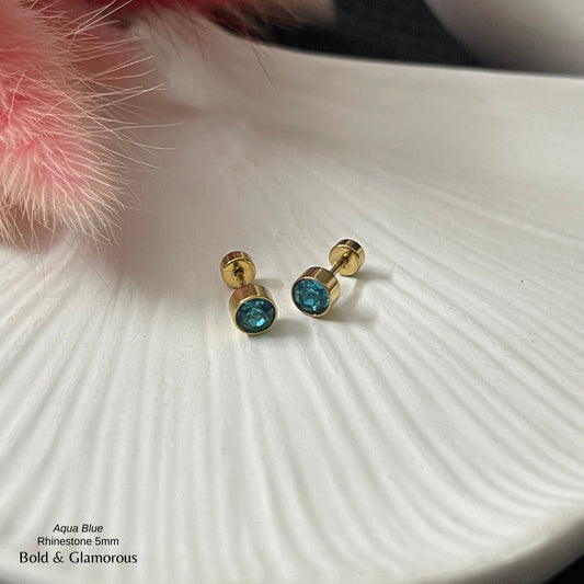 Screwback Stud Earring | Rhinestone 5mm | Aqua Blue