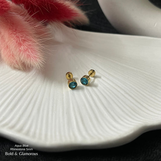 Screwback Stud Earring | Rhinestone 5mm | Aqua Blue