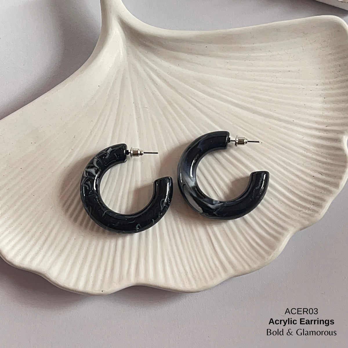 Acrylic Half Hoop Earring | ACER03 | Marble Black