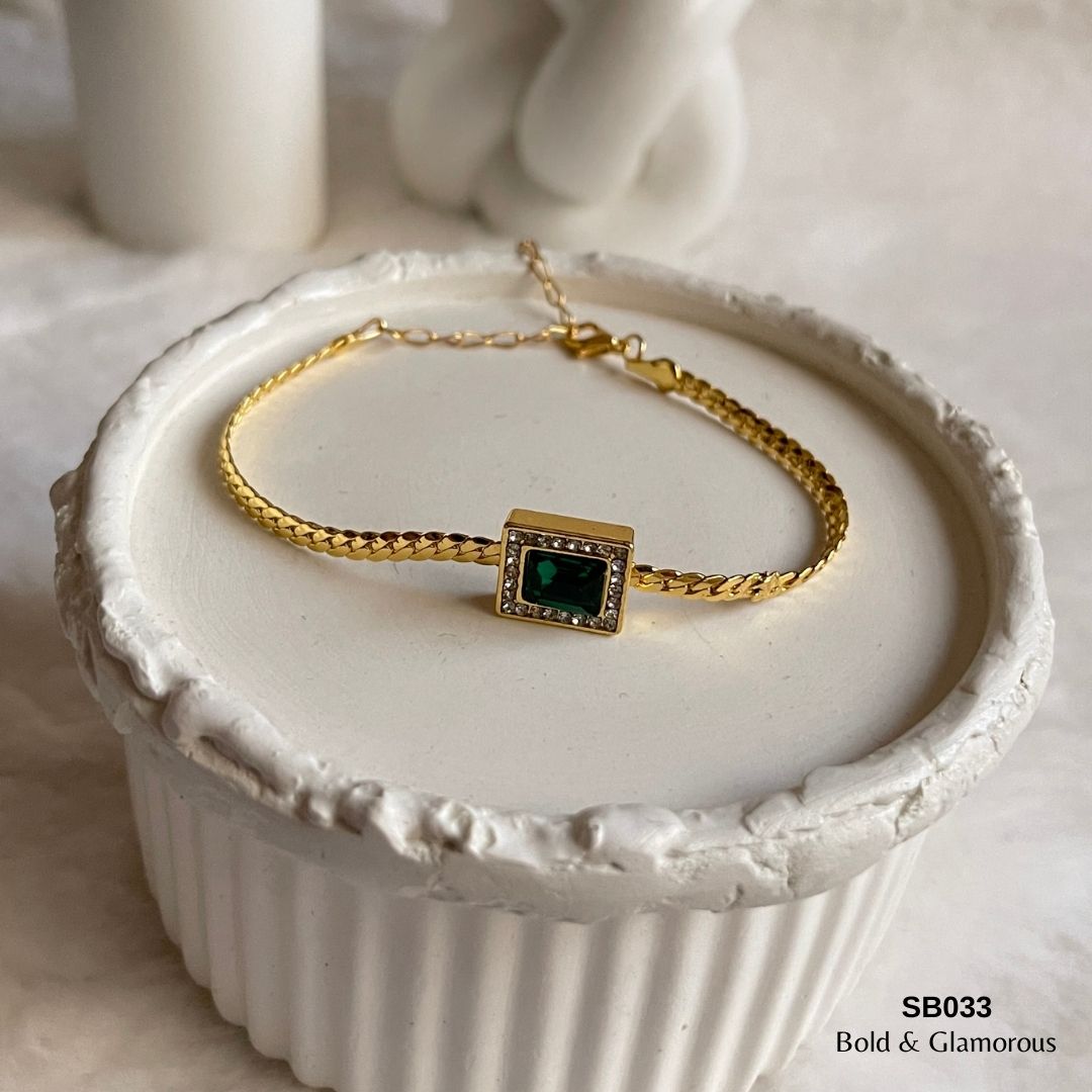 Chain Bracelet | SB033 | Gold Green Square