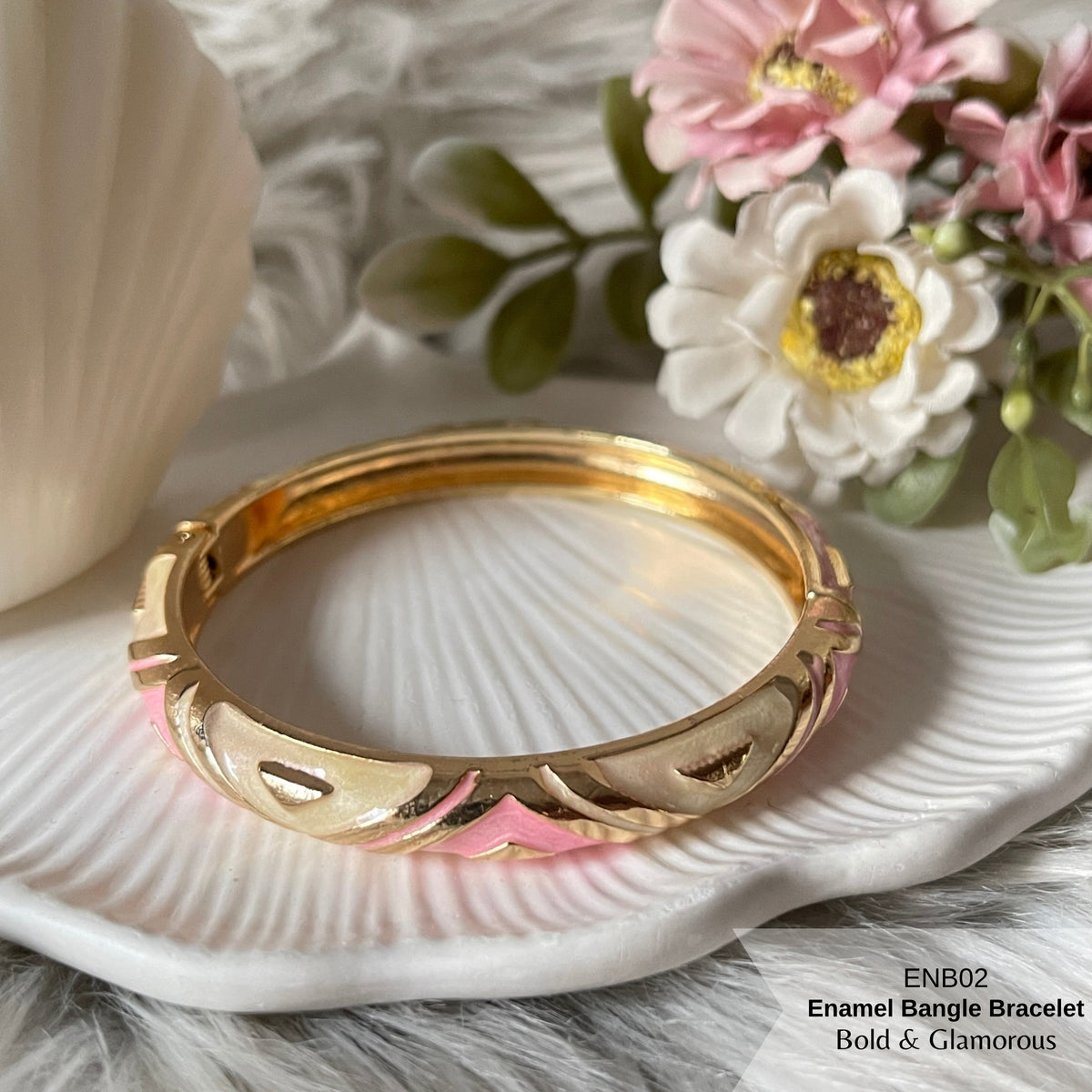 Enamel Bangle Bracelet | ENB02 | Pink White