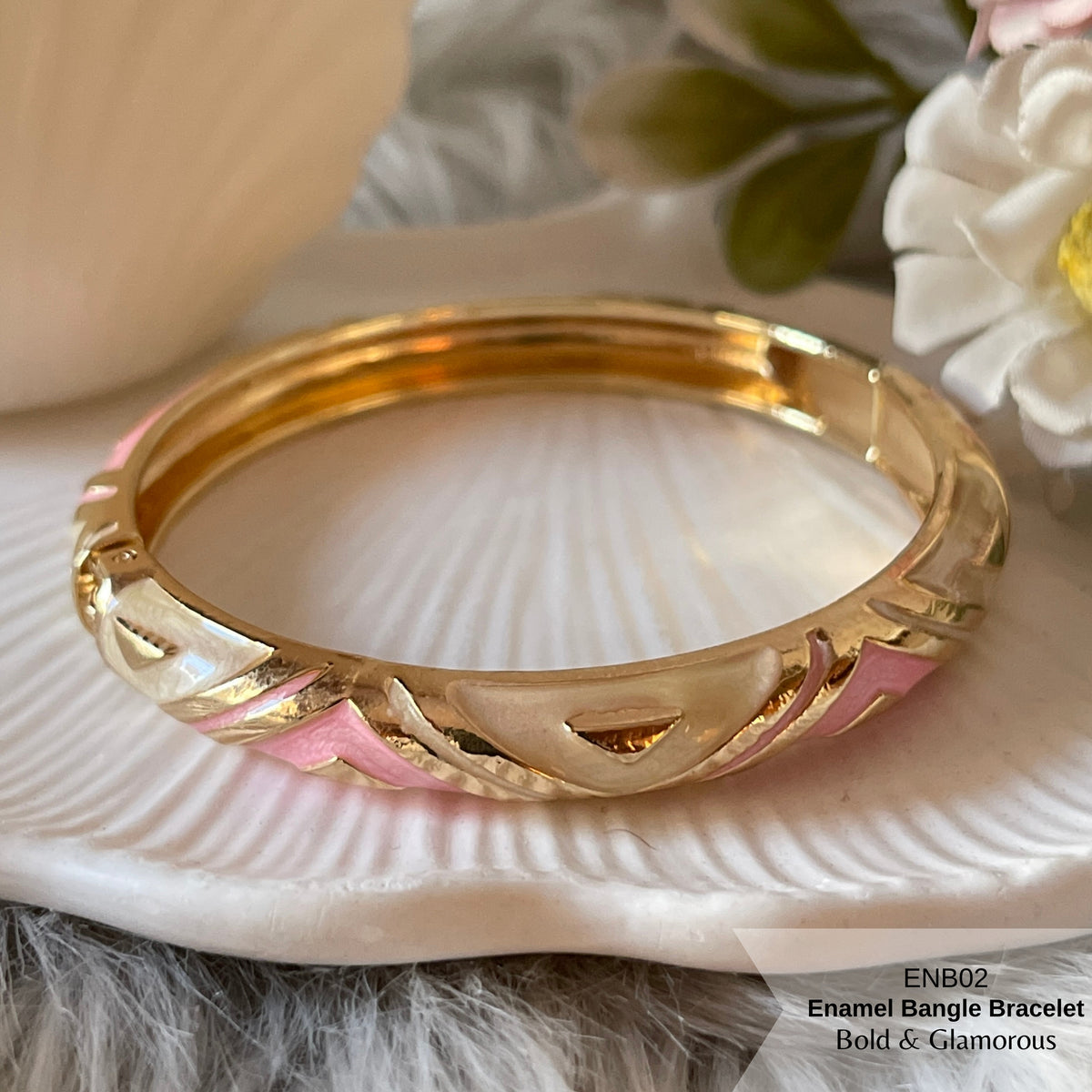 Enamel Bangle Bracelet | ENB02 | Pink White