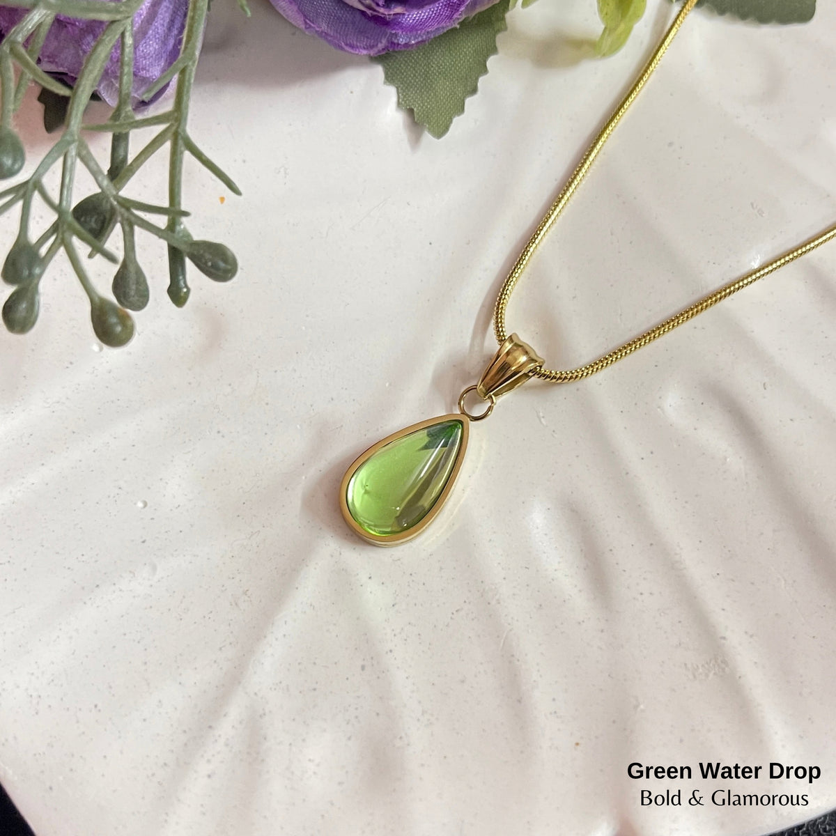 Necklace | SN158 | Green Water Drop Gold