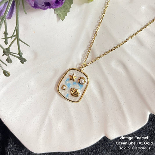 Necklace | SN329 | Vintage Enamel Ocean Shell #1 Gold