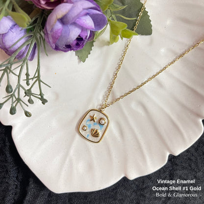 Necklace | SN329 | Vintage Enamel Ocean Shell #1 Gold