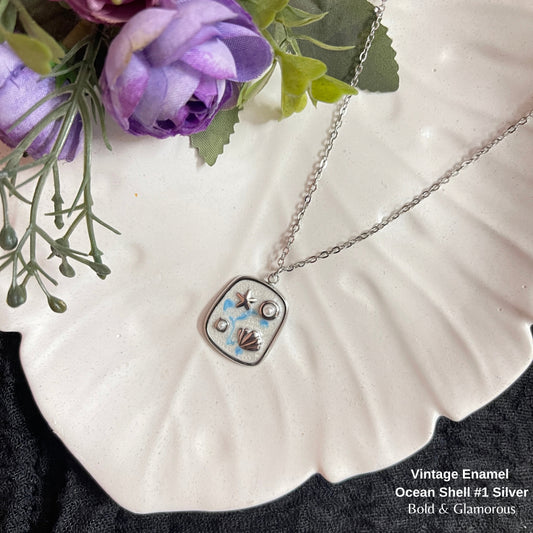 Necklace | SN329 | Vintage Enamel Ocean Shell #1 Silver