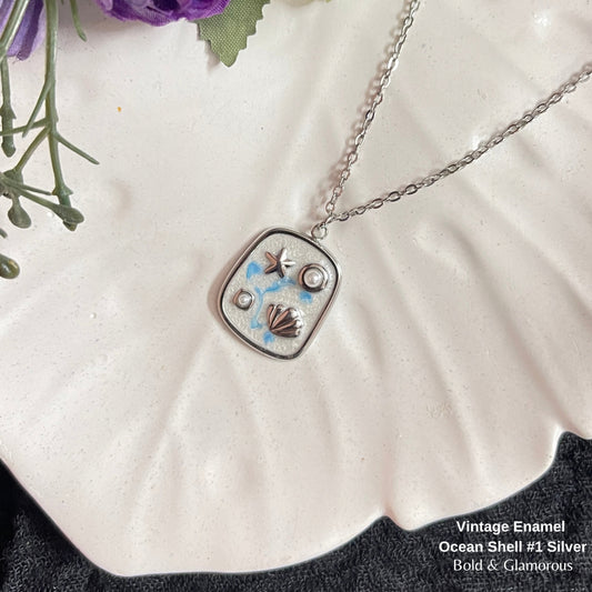 Necklace | SN329 | Vintage Enamel Ocean Shell #1 Silver