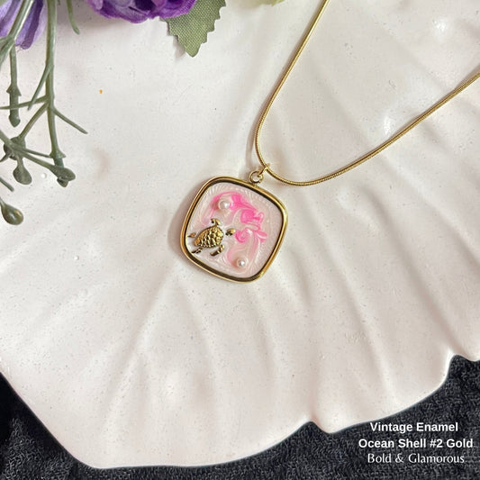 Necklace | SN330 | Vintage Enamel Ocean Shell #2 Gold