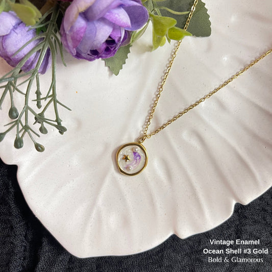 Necklace | SN331 | Vintage Enamel Ocean Shell #3 Gold