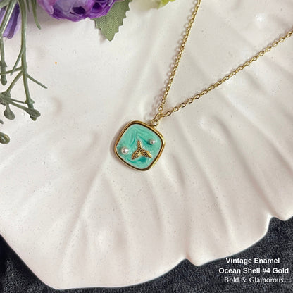 Necklace | SN332 | Vintage Enamel Ocean Shell #4 Gold