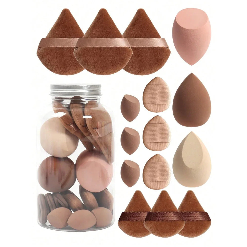 15PC Beauty Blender and Puff Set with Jar | Brown