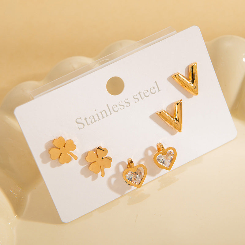 Stud Earring Set | STSES001 | Set#1 Love Four Leaf Clover